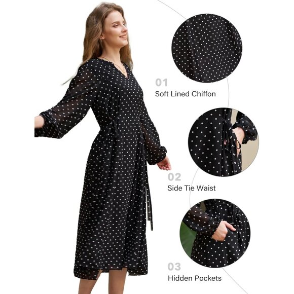 Women's Floral Chiffon Midi Dress with Tie Waist for Casual to Semi-Formal - Picture 6 of 6